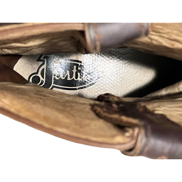 Women's Justin Brown Gold Embroidered Heeled Cowboy Boots 7.5 - Picture 7 of 8